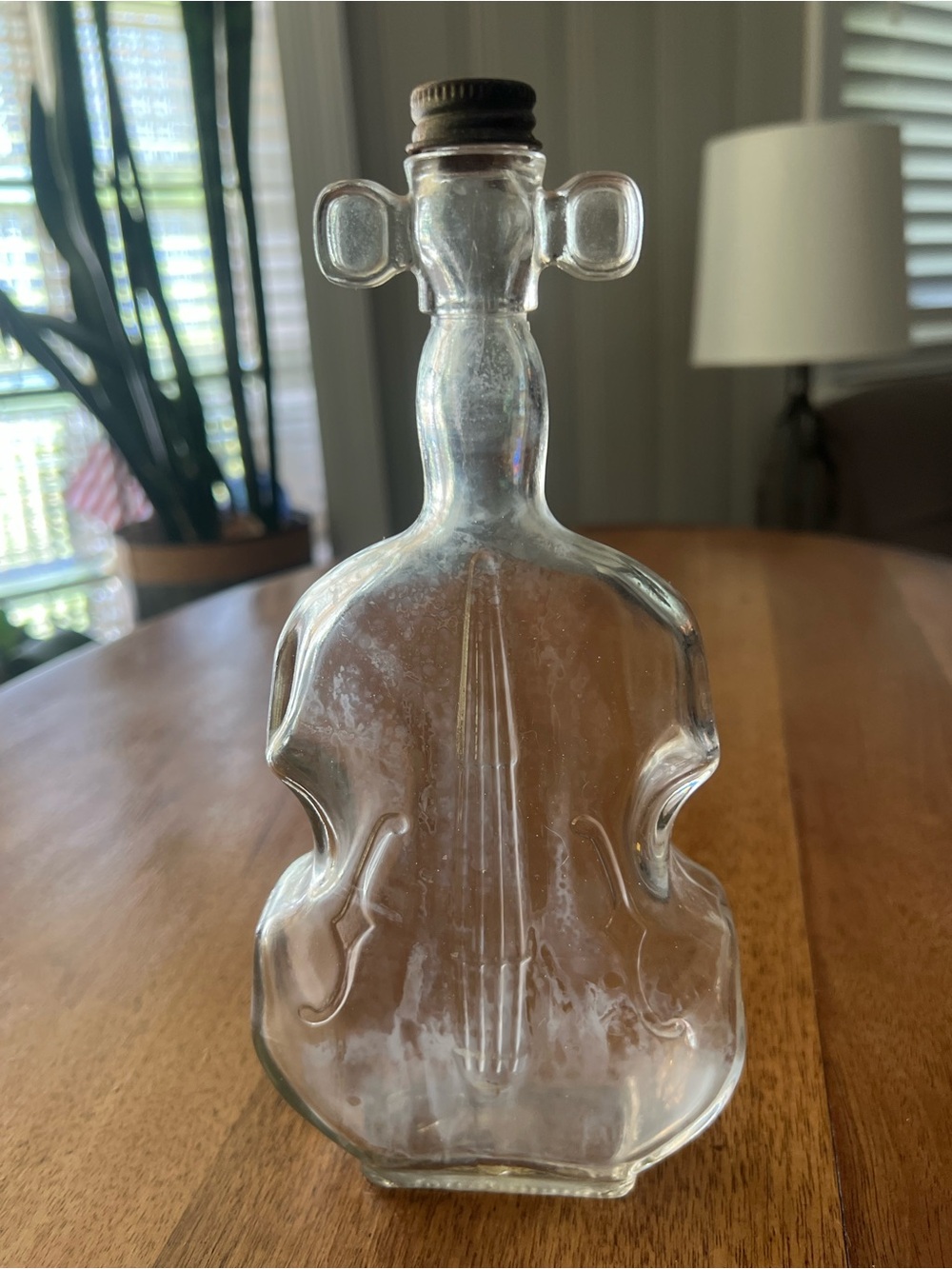 Vintage Clear Glass Violin Bottle 8” Figural Cello Fiddle Bud Vase Metal Cap
